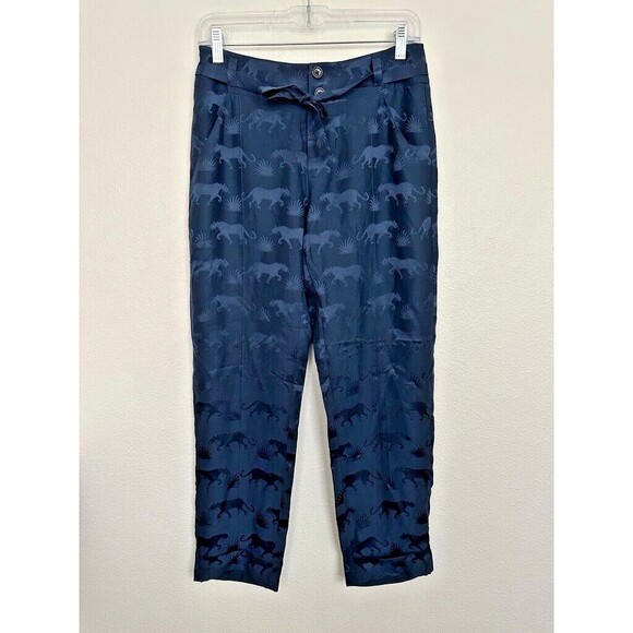 Brochu Walker Silk Satin Horse Drawstring Trouser Pants Navy Blue